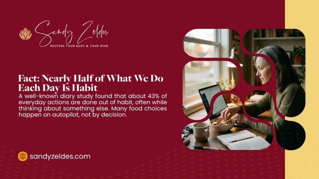 Woman eating snacks at desk while working illustrating that nearly half of daily actions are habits from diary study