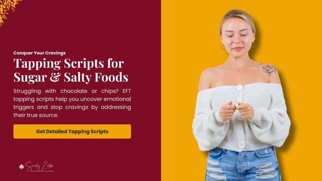 A woman in a white sweater and jeans stands against a yellow background. Text reads: "Tapping Scripts for Sugar & Salty Foods" to address emotional triggers and stop cravings, by Sandy Zeldes, with a button to get detailed scripts.