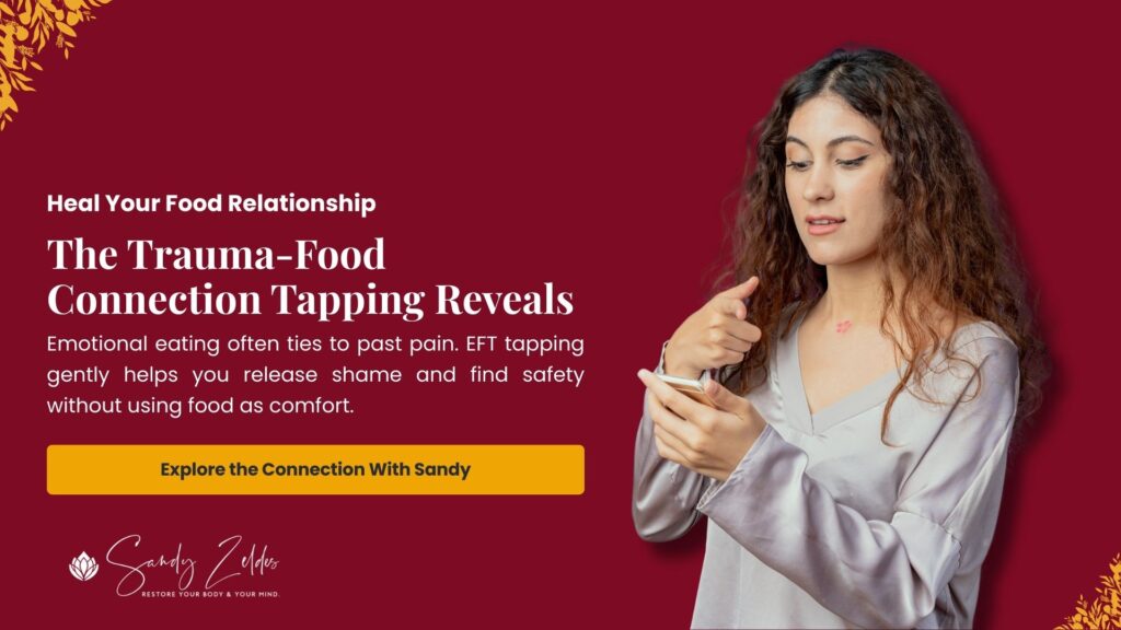A woman in a light blouse stands against a red background, holding a phone. Text reads: "The Trauma-Food Connection Tapping Reveals," explaining how EFT tapping helps release shame and emotional eating ties, by Sandy Zeldes.