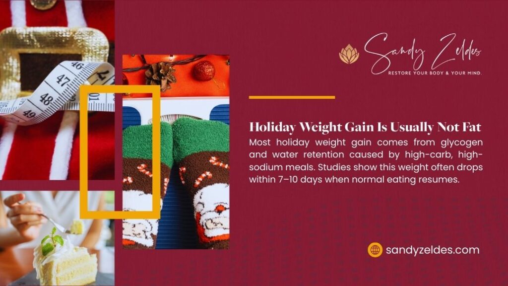 7 Simple Ways to Lose Weight During the Holidays
- Graphic from Sandy Zeldes with festive holiday imagery—Christmas socks on a scale, measuring tape, and dessert—titled "Holiday Weight Gain Is Usually Not Fat." Text explains most gain is glycogen and water retention from high-carb/sodium meals, often lost in 7-10 days.
