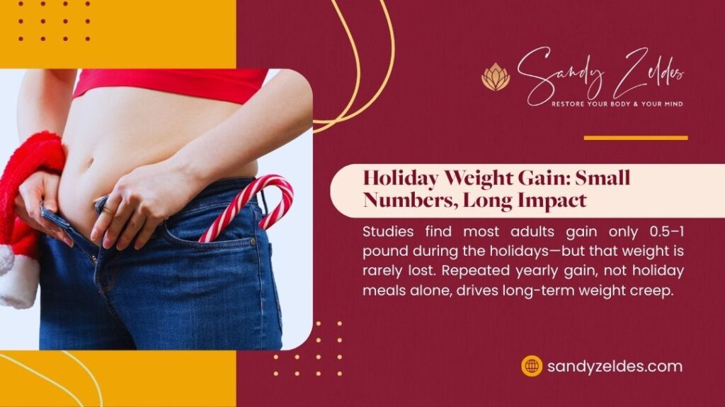 Smart Eating Tips: How Not to Overeat This Holiday Season - Person in red crop top and jeans pinching belly fat while holding a candy cane, illustrating holiday weight gain. Text overlay: "Holiday Weight Gain: Small Numbers, Long Impact" with stats on 0.5-1 pound gain rarely lost yearly. Sandy Zeldes branding.