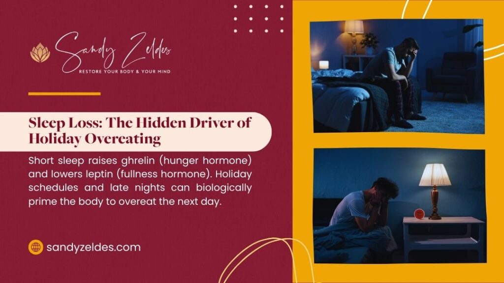 Graphic on sleep loss and holiday overeating: Two photos of a tired man sitting on bed at night. Text: "Sleep Loss: The Hidden Driver of Holiday Overeating" explains short sleep raises ghrelin, lowers leptin, priming overeating. Sandy Zeldes branding.