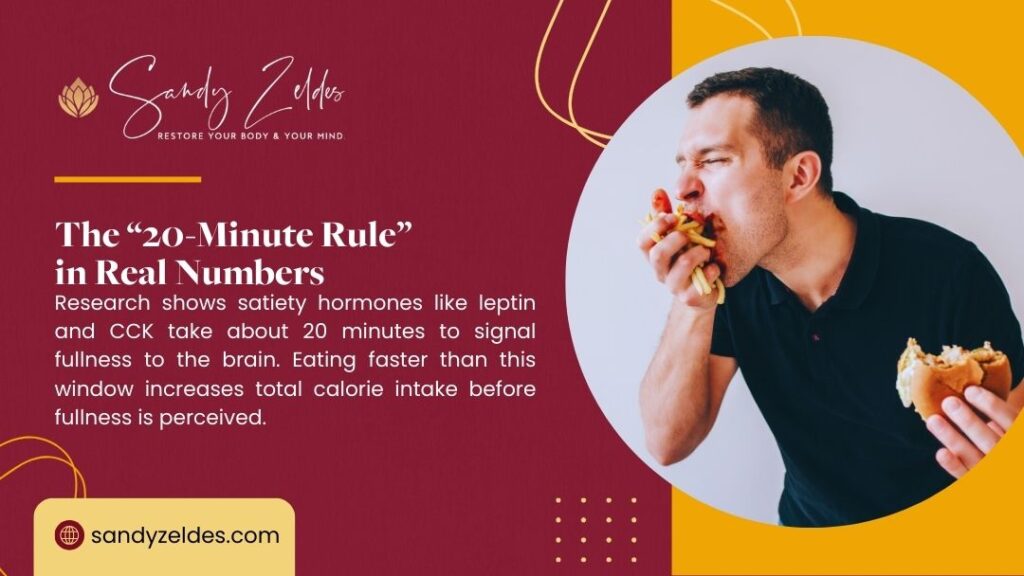 Graphic from Sandy Zeldes showing a man rapidly eating a burger and fries, titled "The '20-Minute Rule' in Real Numbers." Text explains satiety hormones like leptin and CCK take ~20 minutes to signal fullness, so fast eating increases calorie intake.