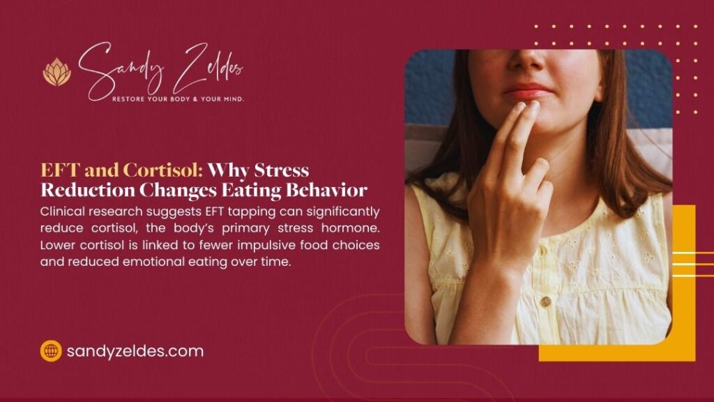 Woman performing EFT tapping on lip area, illustrating how stress reduction through tapping lowers cortisol levels and reduces impulsive food choices and emotional eating behaviors.