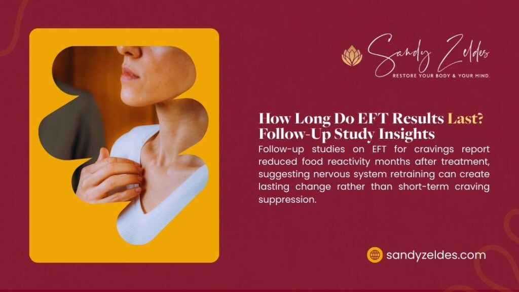 Woman performing EFT tapping on neck and shoulder area, illustrating how follow-up studies show EFT results for food cravings create lasting nervous system retraining beyond short-term suppression.