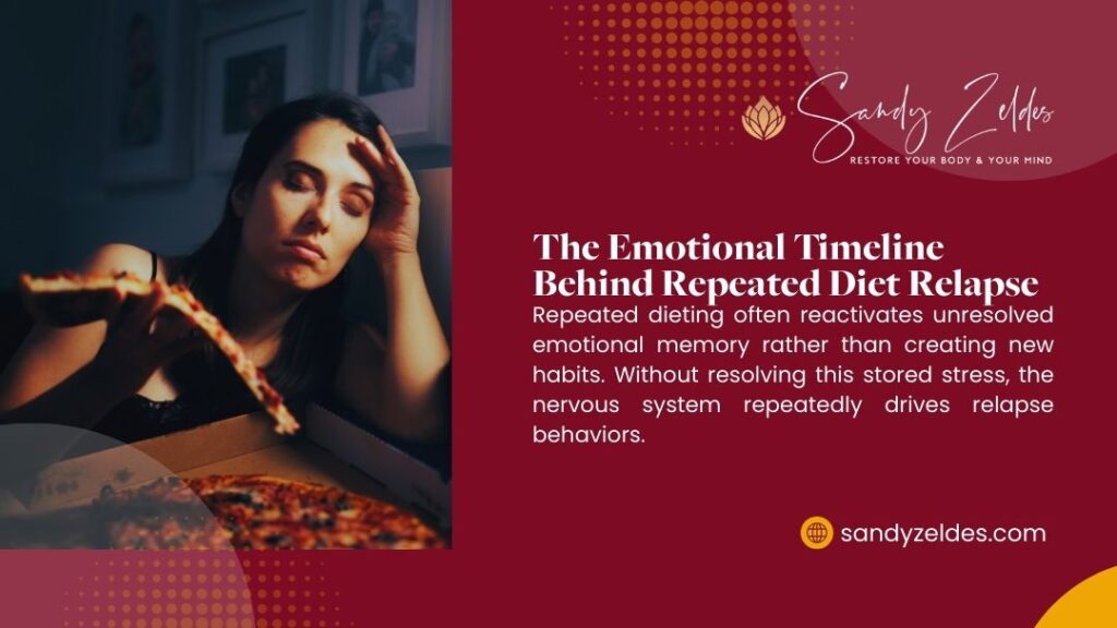 Woman experiencing emotional conflict while looking at pizza; infographic about emotional timeline behind repeated diet relapse.