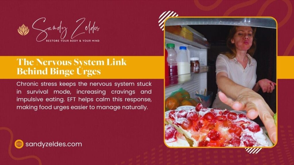 Woman reaching for sugary cake in refrigerator; infographic about nervous system link behind binge urges by Sandy Zeldes.