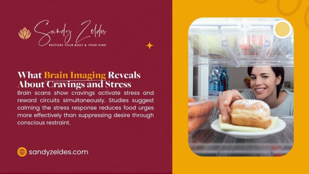 Woman reaching for pastry from refrigerator, illustrating how brain imaging reveals the connection between stress and food cravings, and stress-reduction techniques for managing urges.
