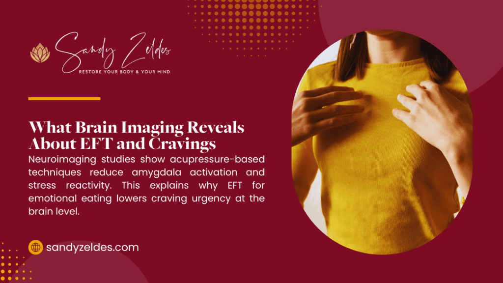 Woman in yellow sweater performing EFT tapping technique; infographic about brain imaging reveals EFT and cravings by Sandy Zeldes