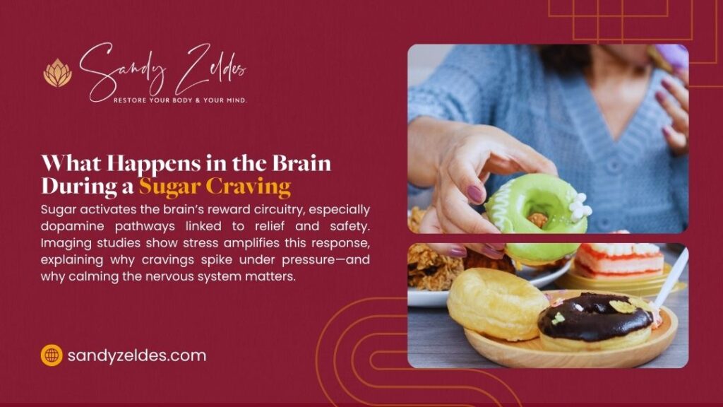 Woman holding fresh apple with pastries and desserts nearby, illustrating how sugar activates dopamine reward pathways in the brain and how stress amplifies cravings.