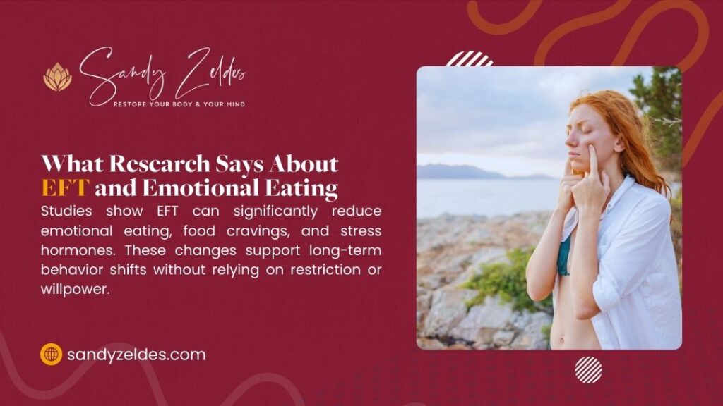Woman performing EFT tapping on face at coastal beach location; infographic about research on EFT and emotional eating