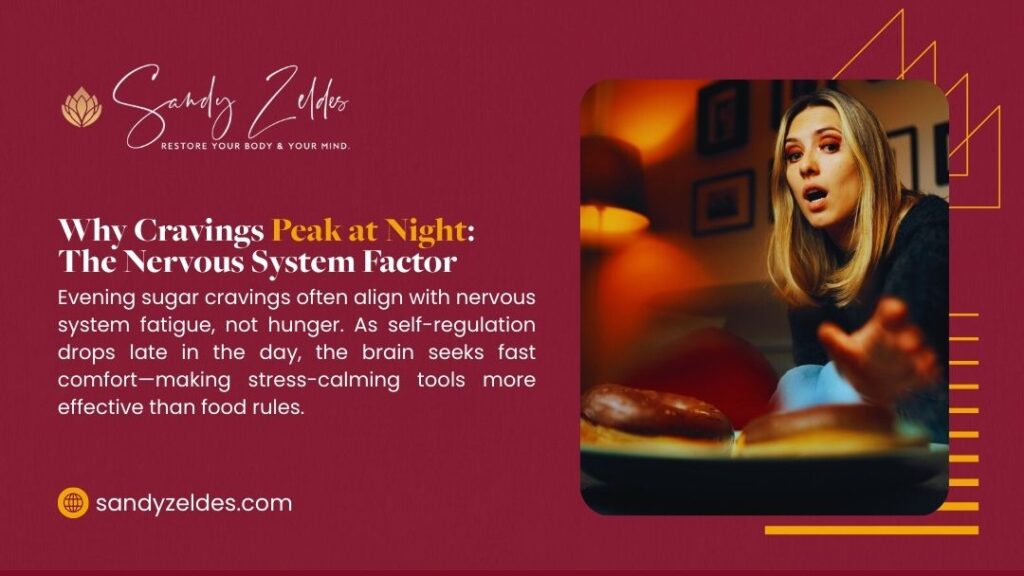 Woman experiencing late-night sugar cravings with desserts visible, illustrating how nervous system fatigue and depleted self-regulation cause evening food cravings rather than actual hunger.