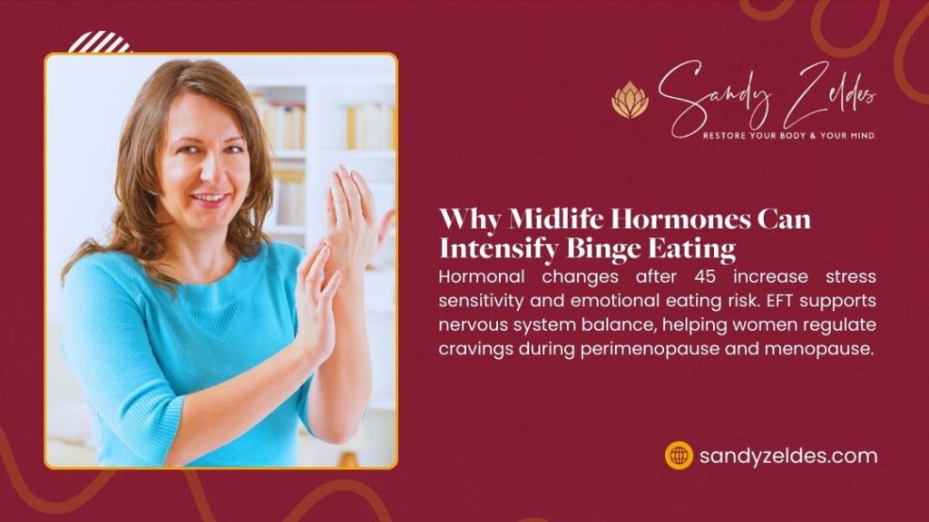 Middle-aged woman in blue sweater smiling; infographic about why midlife hormones can intensify binge eating by Sandy Zeldes.