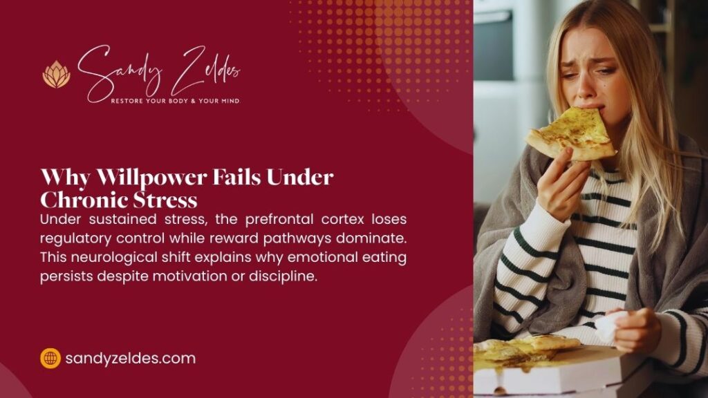 Woman eating pizza under stress; infographic about why willpower fails under chronic stress by Sandy Zeldes.