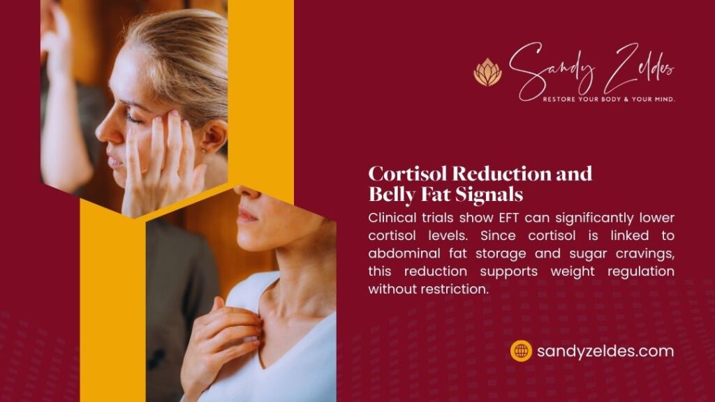Woman practicing stress reduction technique, illustrating cortisol reduction linked to belly fat signals and weight management without dietary restriction