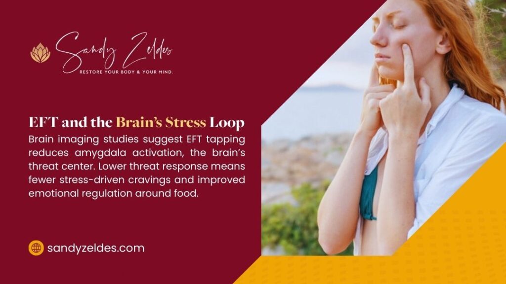 Woman practicing EFT tapping technique outdoors, demonstrating how EFT reduces brain's amygdala activation in stress loop and emotional regulation