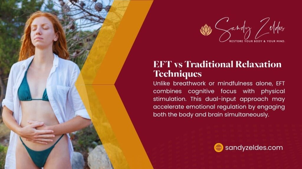 Woman practicing outdoor relaxation technique, illustrating EFT compared to traditional relaxation techniques for emotional regulation through cognitive and physical stimulation