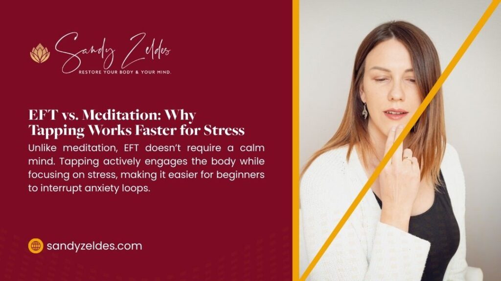 Woman practicing EFT tapping technique on collarbone point, demonstrating research showing EFT reduces cortisol levels up to 40% for stress response improvement