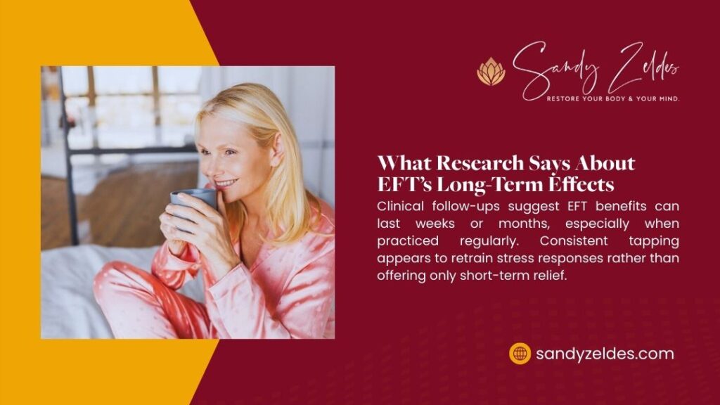 Woman enjoying warm beverage and smiling, illustrating research findings on EFT's long-term effects showing benefits lasting weeks or months with regular practice