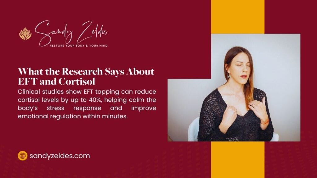 Woman practicing EFT tapping technique on collarbone point, demonstrating research showing EFT reduces cortisol levels up to 40% for stress response improvement
