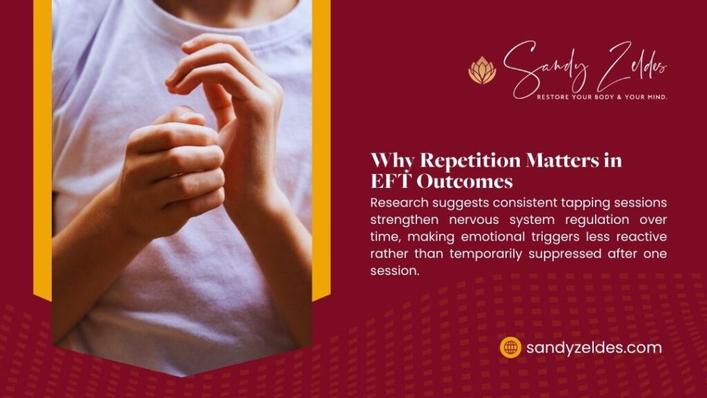 Hands demonstrating EFT tapping repetition, illustrating how consistent tapping sessions strengthen nervous system regulation and reduce emotional trigger reactivity