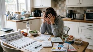 Frustrated woman sitting at a kitchen table surrounded by diet plans, keto guides, and healthy food, struggling with weight loss efforts.
