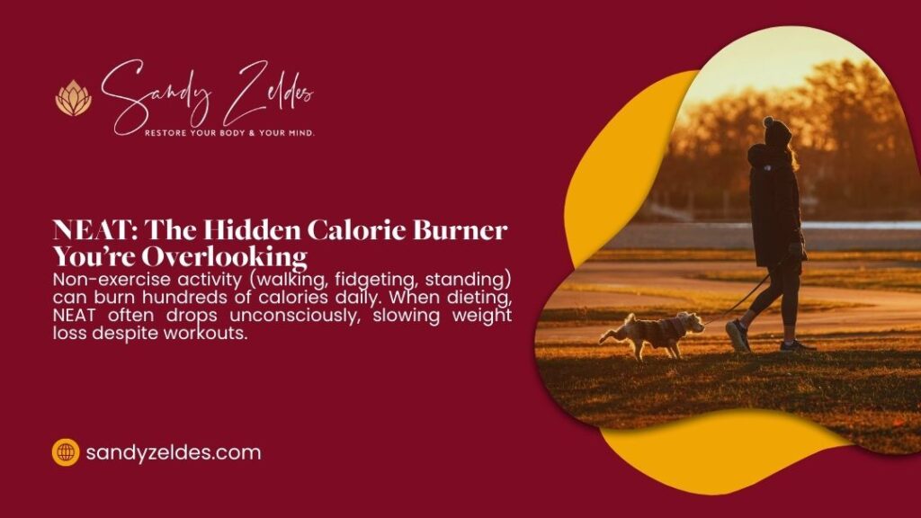 Woman walking a dog at sunset, representing NEAT non-exercise activity thermogenesis as a hidden daily calorie-burning habit.