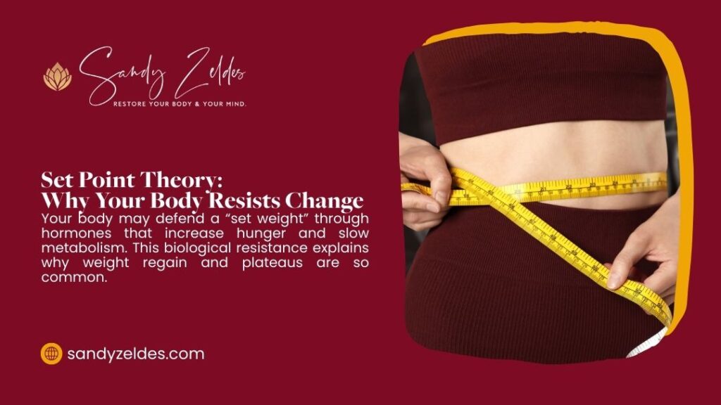 Person measuring their waist with a tape measure, illustrating set point theory and the body's biological resistance to weight change.