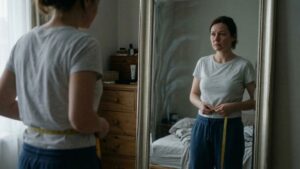 Woman measuring her waist while looking at her reflection in a mirror, representing self-doubt and emotional patterns behind weight loss self-sabotage
