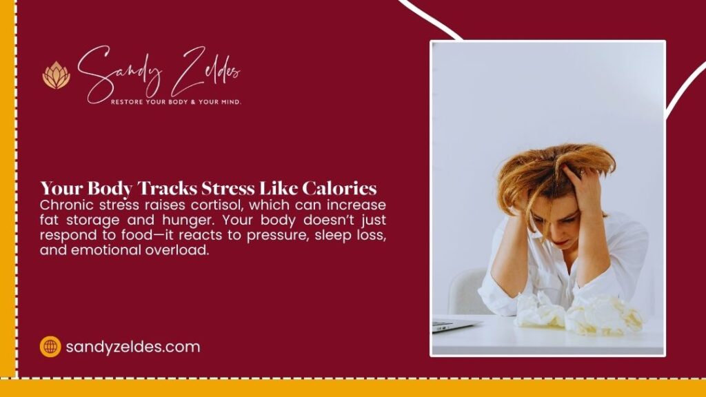 Stressed woman holding her head at a desk, illustrating how chronic stress raises cortisol and contributes to fat storage and weight gain.