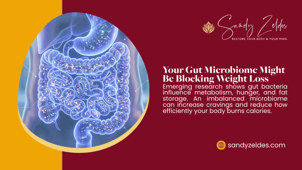 Glowing 3D illustration of the human gut microbiome, highlighting how gut bacteria may impact metabolism and weight loss.