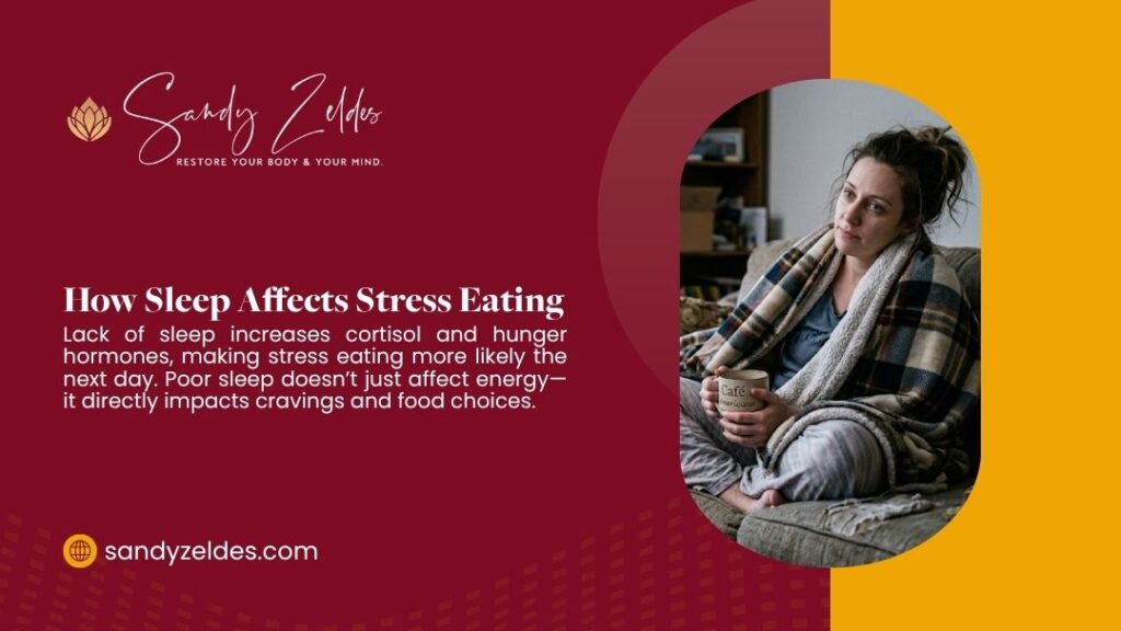 Woman wrapped in a blanket on a couch holding a coffee mug, looking tired and illustrating how lack of sleep affects stress eating.