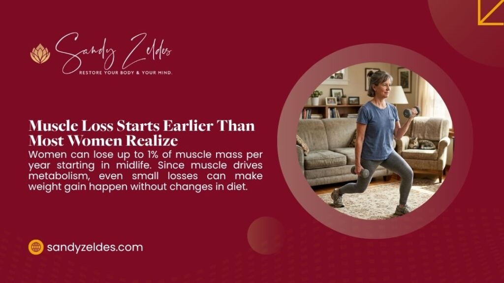 Midlife woman doing dumbbell lunges at home — muscle loss starts earlier than most women realize with 1% mass lost per year affecting metabolism.