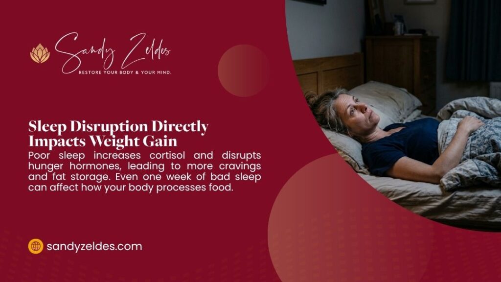 Midlife woman lying awake at night with insomnia — sleep disruption directly impacts weight gain by raising cortisol and disrupting hunger hormones.