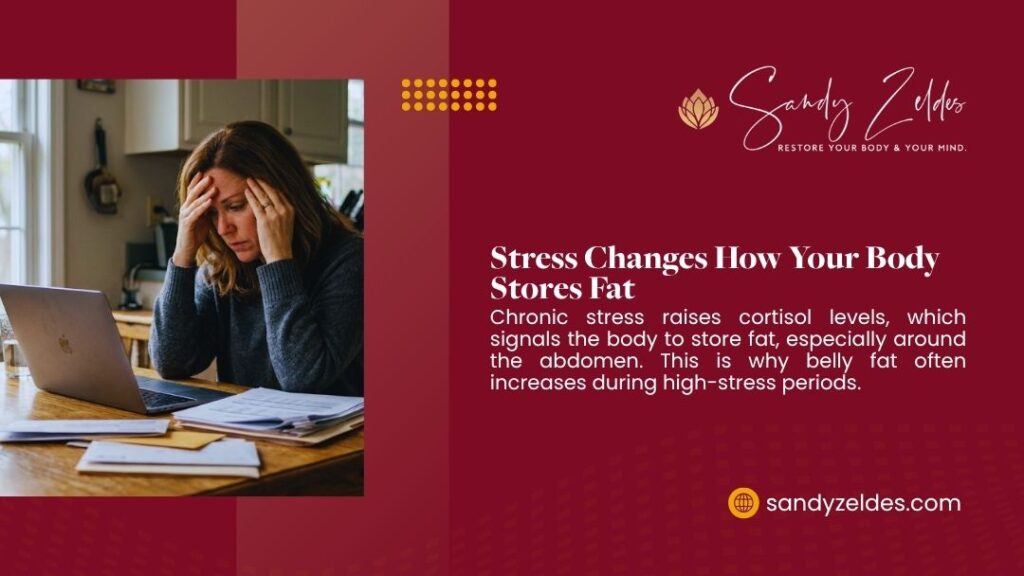 Stressed woman holding head in hands at kitchen table — chronic stress changes how your body stores fat by raising cortisol and increasing belly fat.