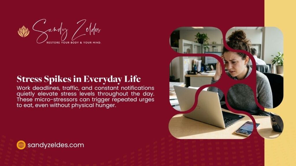 Overwhelmed woman at office desk with laptop and phone — stress spikes in everyday life triggering cortisol-driven eating urges without physical hunger.