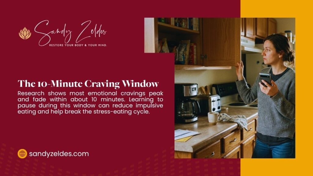 Woman pausing in kitchen with phone before opening cabinet — the 10-minute craving window strategy to reduce impulsive stress eating cycles.