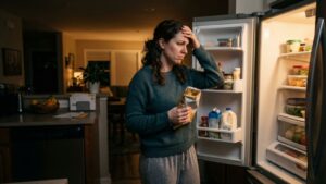 Stressed woman holding snack at open fridge late at night — why you eat when stressed even when not hungry, real reasons and how to fix it.