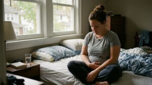 Woman over 40 sitting on bed looking at abdomen — why losing weight is so hard after 40 and what most people get wrong about midlife weight gain.