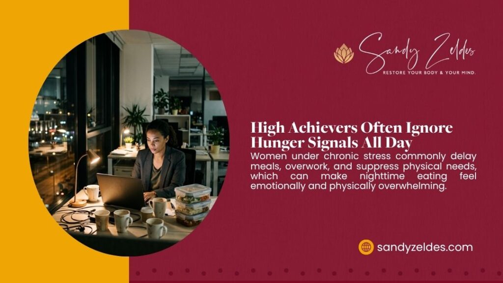 Woman in business attire working late at her desk with laptop and food containers, representing high achievers ignoring daytime hunger signals. Sandy Zeldes.