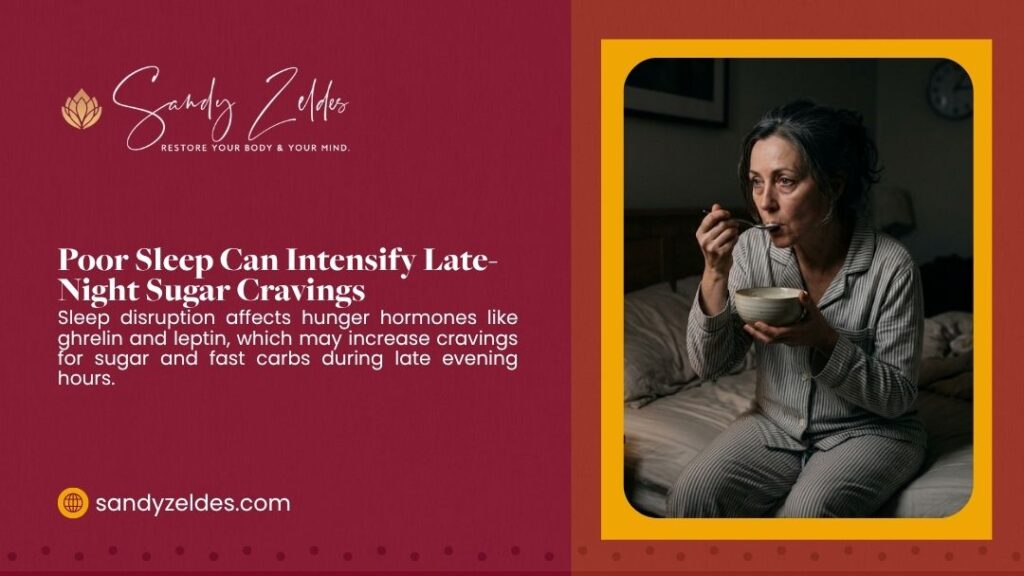 Woman in pajamas sitting on bed eating from a bowl late at night, illustrating how poor sleep increases sugar cravings. Sandy Zeldes.