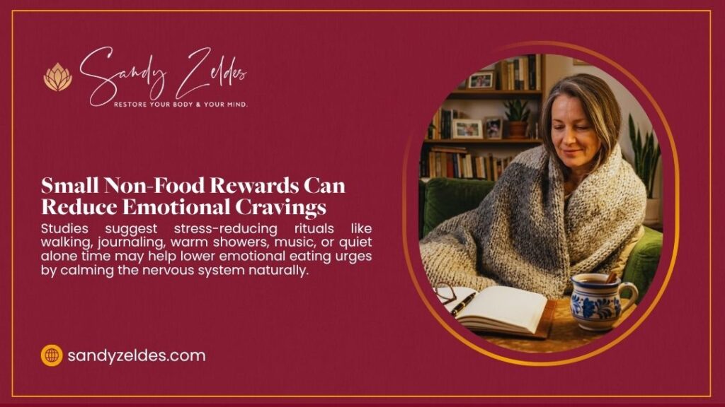 Sandy Zeldes graphic "Small Non-Food Rewards Can Reduce Emotional Cravings" showing a relaxed woman wrapped in a blanket with notebook and tea, promoting non-food stress relief rituals.