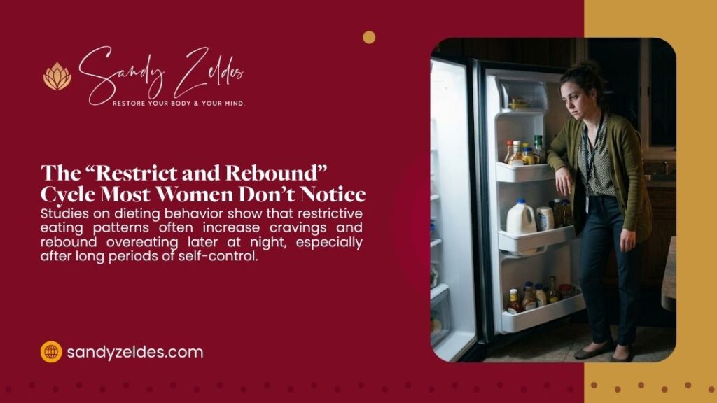 Woman standing in front of an open refrigerator at night, looking at food containers, representing the “Restrict and Rebound” eating cycle. Sandy Zeldes.