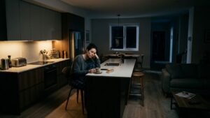 Woman sitting tiredly at her kitchen island late at night with a cup and snack, depicting late-night eating after a long day.