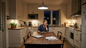 Woman sitting tiredly at her kitchen table late at night with a small plate of food, mug, and work items, illustrating food as a reward after a long day.