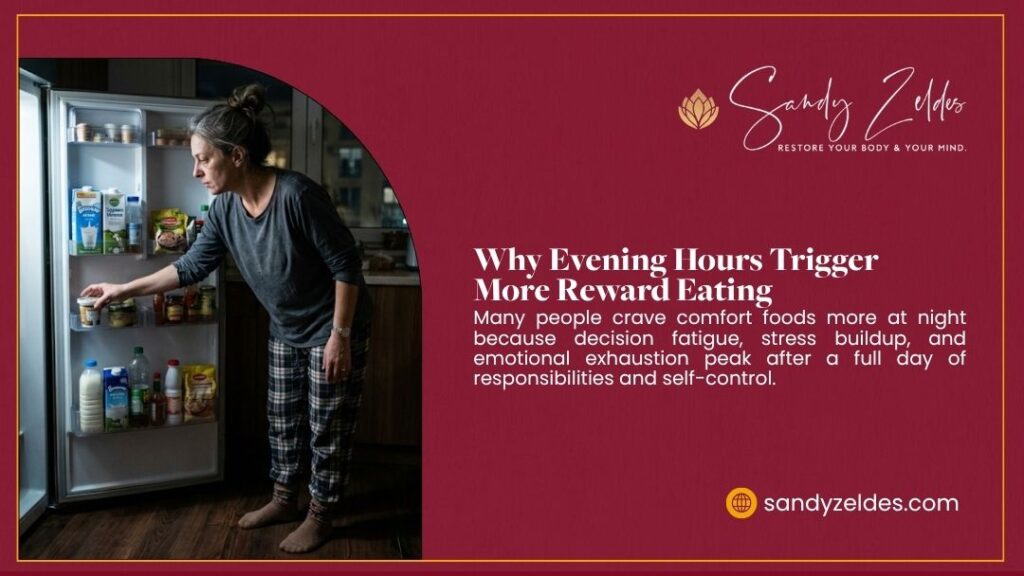 Woman in pajamas standing in front of an open refrigerator at night reaching for food, illustrating evening reward eating triggers. Sandy Zeldes.