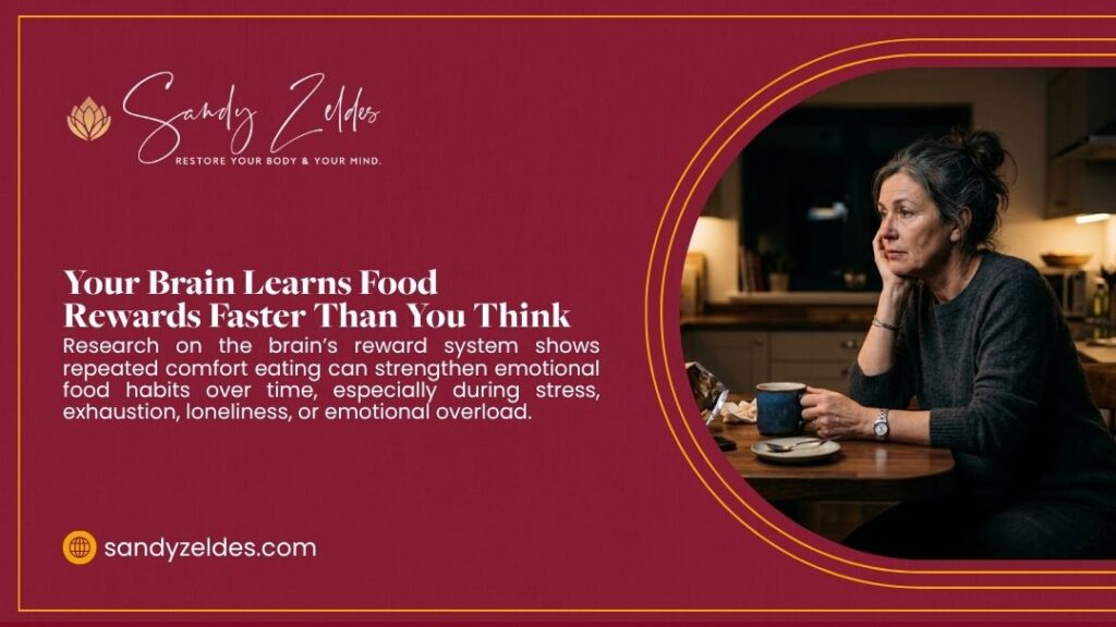 Woman sitting thoughtfully at kitchen table late at night with a mug, illustrating how the brain quickly learns food rewards during stress or exhaustion. Sandy Zeldes.
