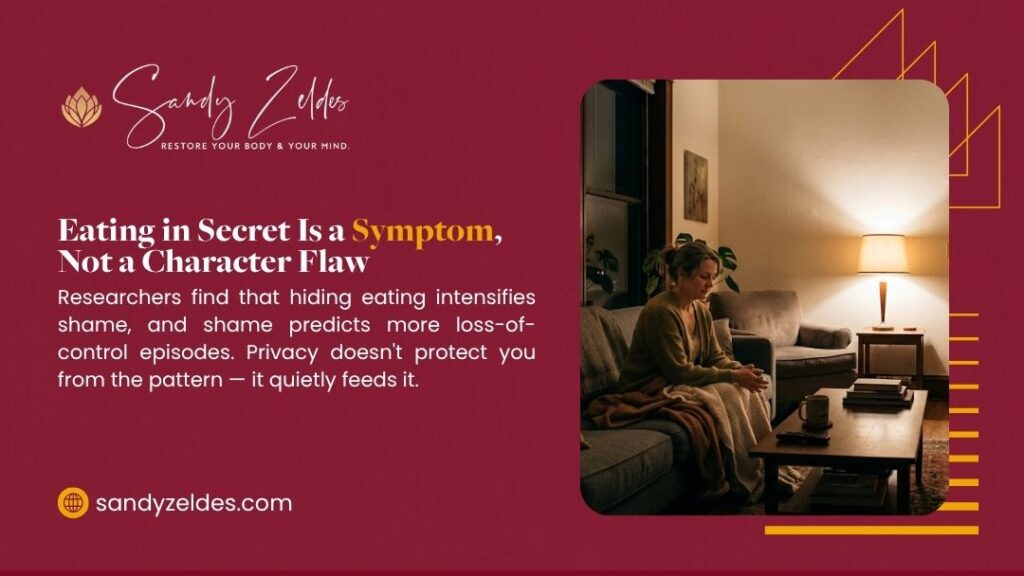 Why Do I Feel Out of Control Around Food
- Woman sitting alone on couch in dimly lit living room, with headline "Eating in Secret Is a Symptom, Not a Character Flaw" by Sandy Zeldis.