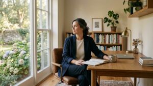 Woman in blazer sitting at wooden desk with open book, looking thoughtful by window, with headline "I'm Disciplined in Every Area of Life Except Food: Why It Happens and What to Do Next" by Sandy Zeldes.