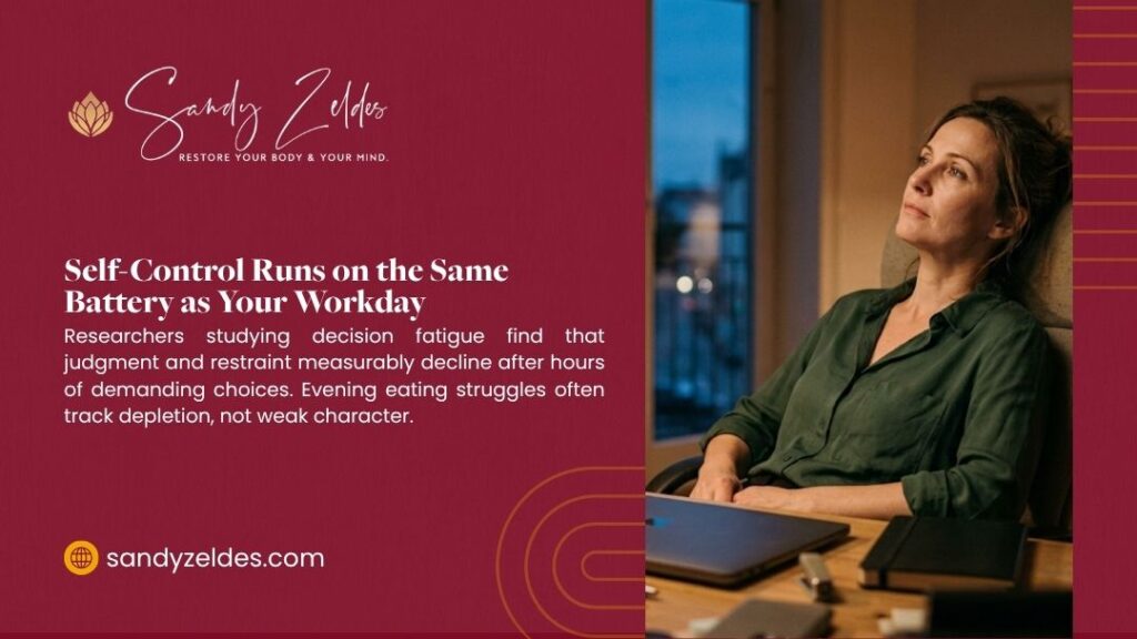Woman in green shirt sitting at desk looking tired in evening light, with headline "Self-Control Runs on the Same Battery as Your Workday" by Sandy Zeldis.